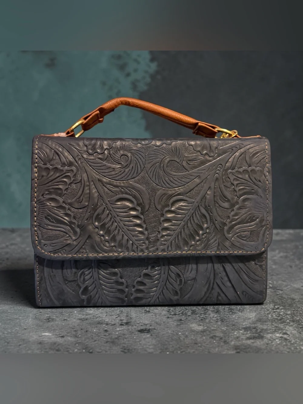 Embossed Floral Leather Top-Handle Bag in Dark Brown